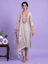 Light grey silk embroidered straight cut kurti set
