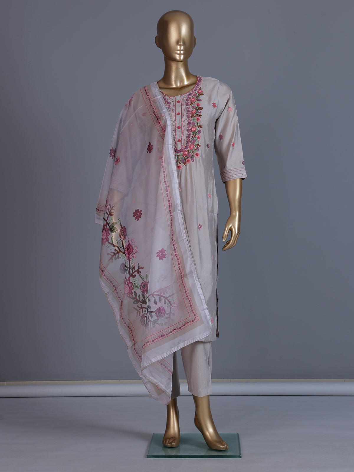 Light grey silk embroidered straight cut kurti set