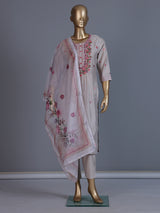 Light grey silk embroidered straight cut kurti set