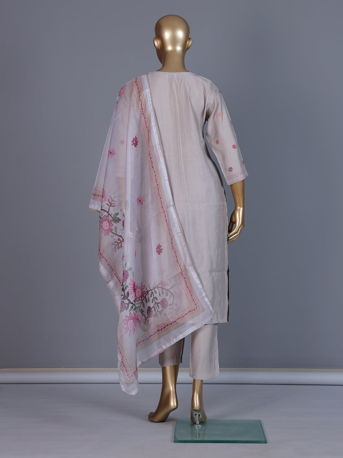 Light grey silk embroidered straight cut kurti set