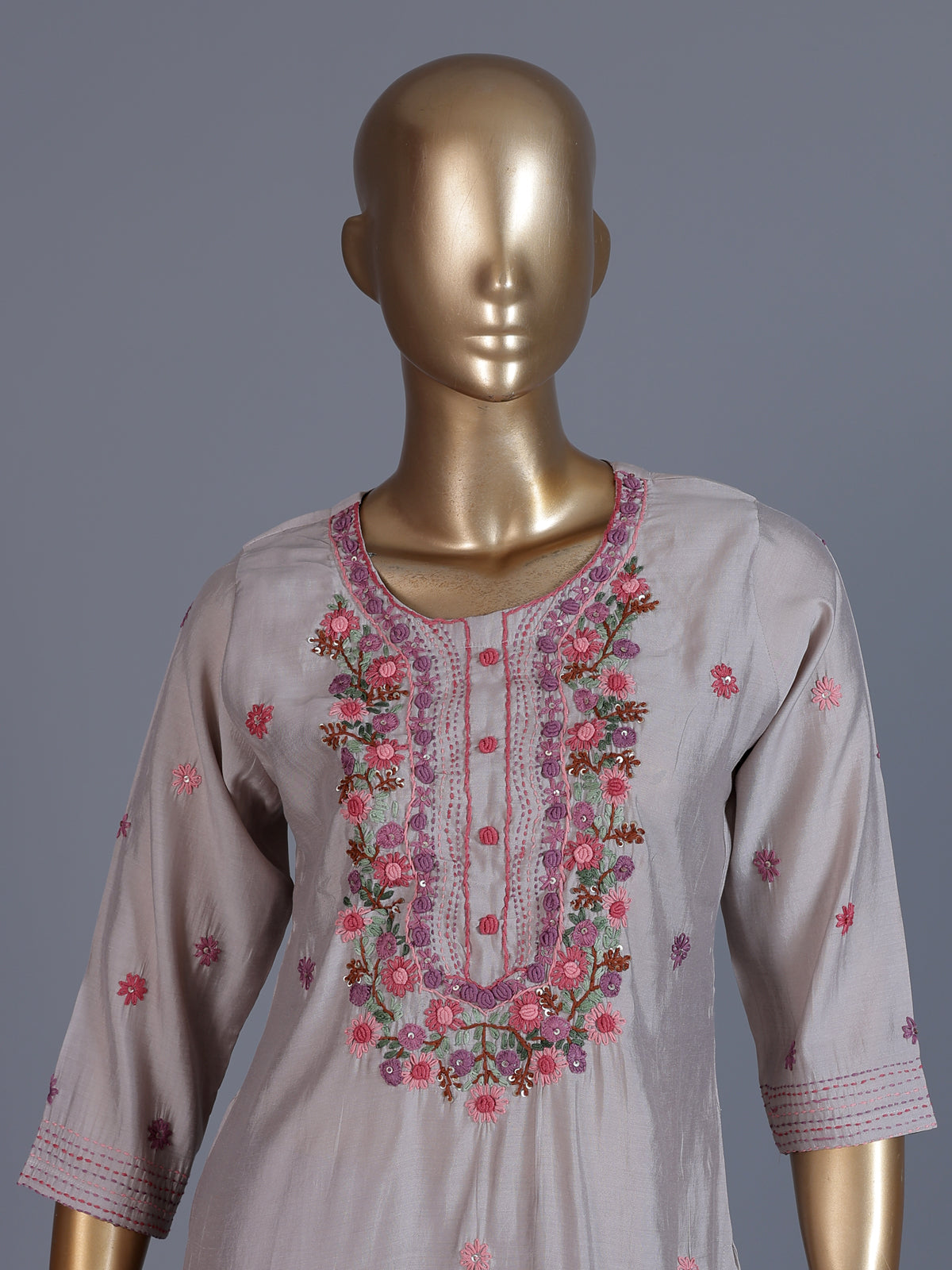 Light grey silk embroidered straight cut kurti set
