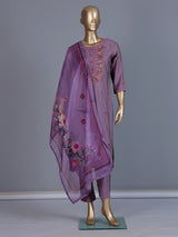 Lilac purple silk straight cut festive kurti set