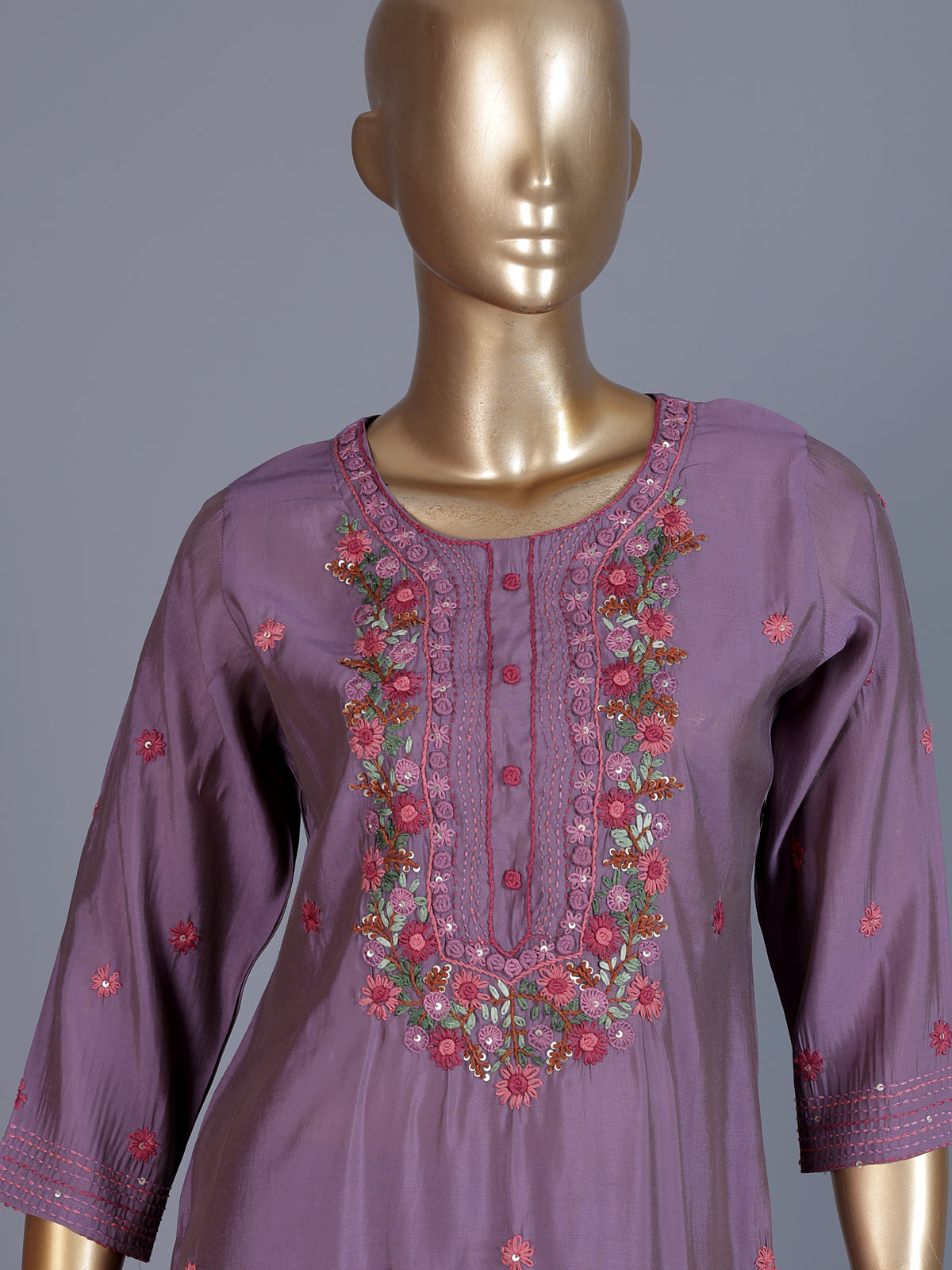 Lilac purple silk straight cut festive kurti set