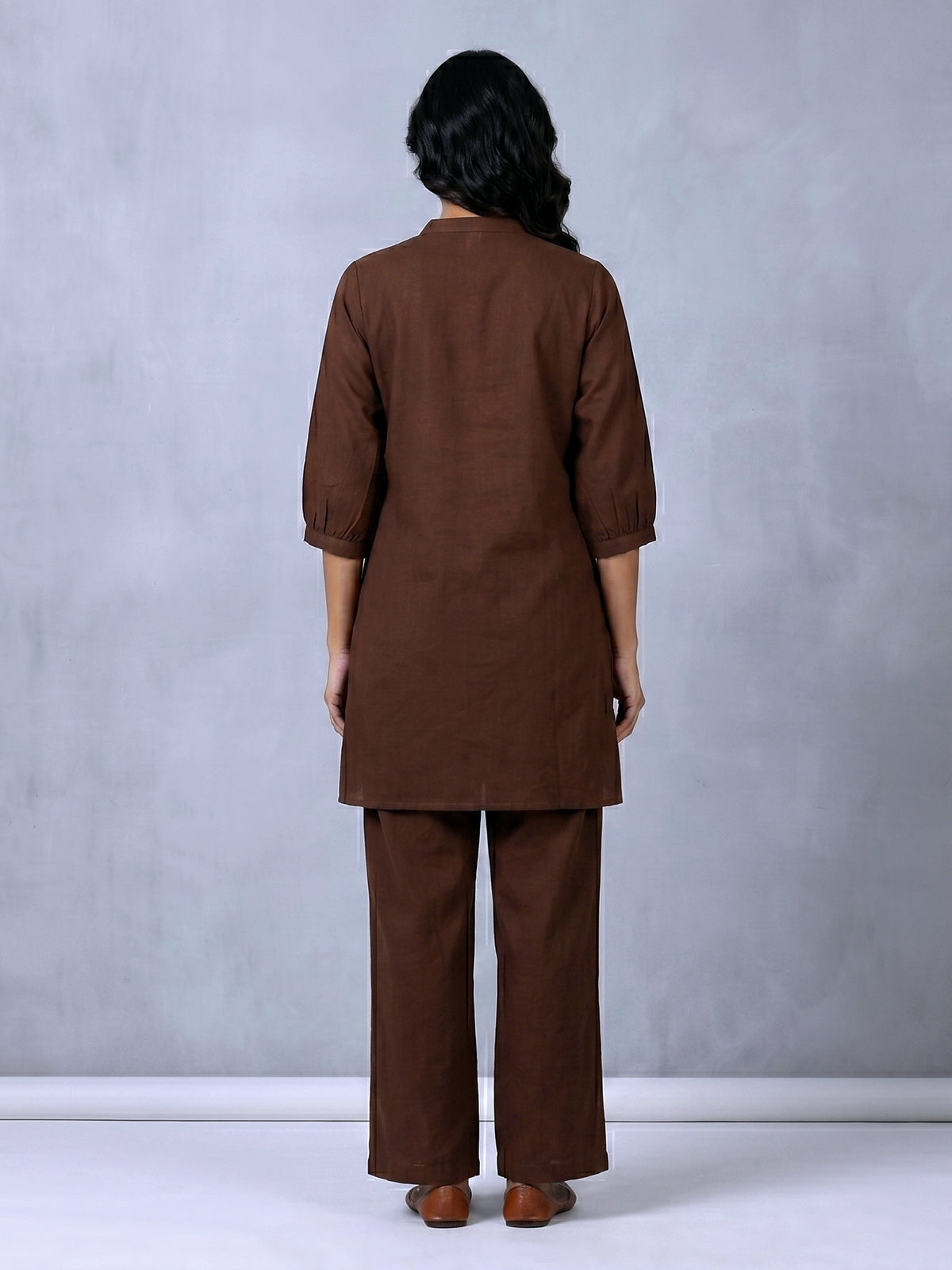 Brown cotton embroidered casual co ord set for women