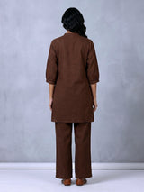 Brown cotton embroidered casual co ord set for women
