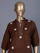 Brown cotton embroidered casual co ord set for women