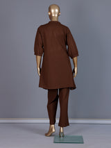 Brown cotton embroidered casual co ord set for women