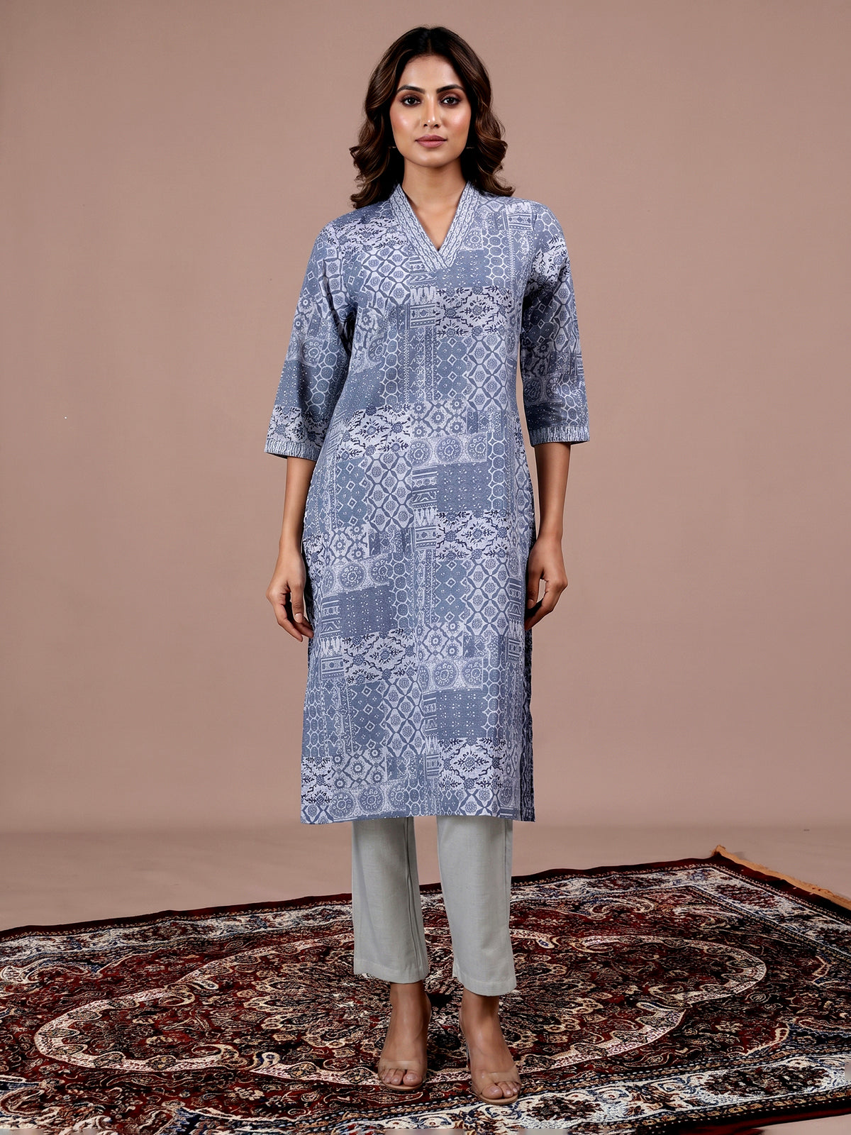 Grey printed cotton blend casual ethnic kurti design