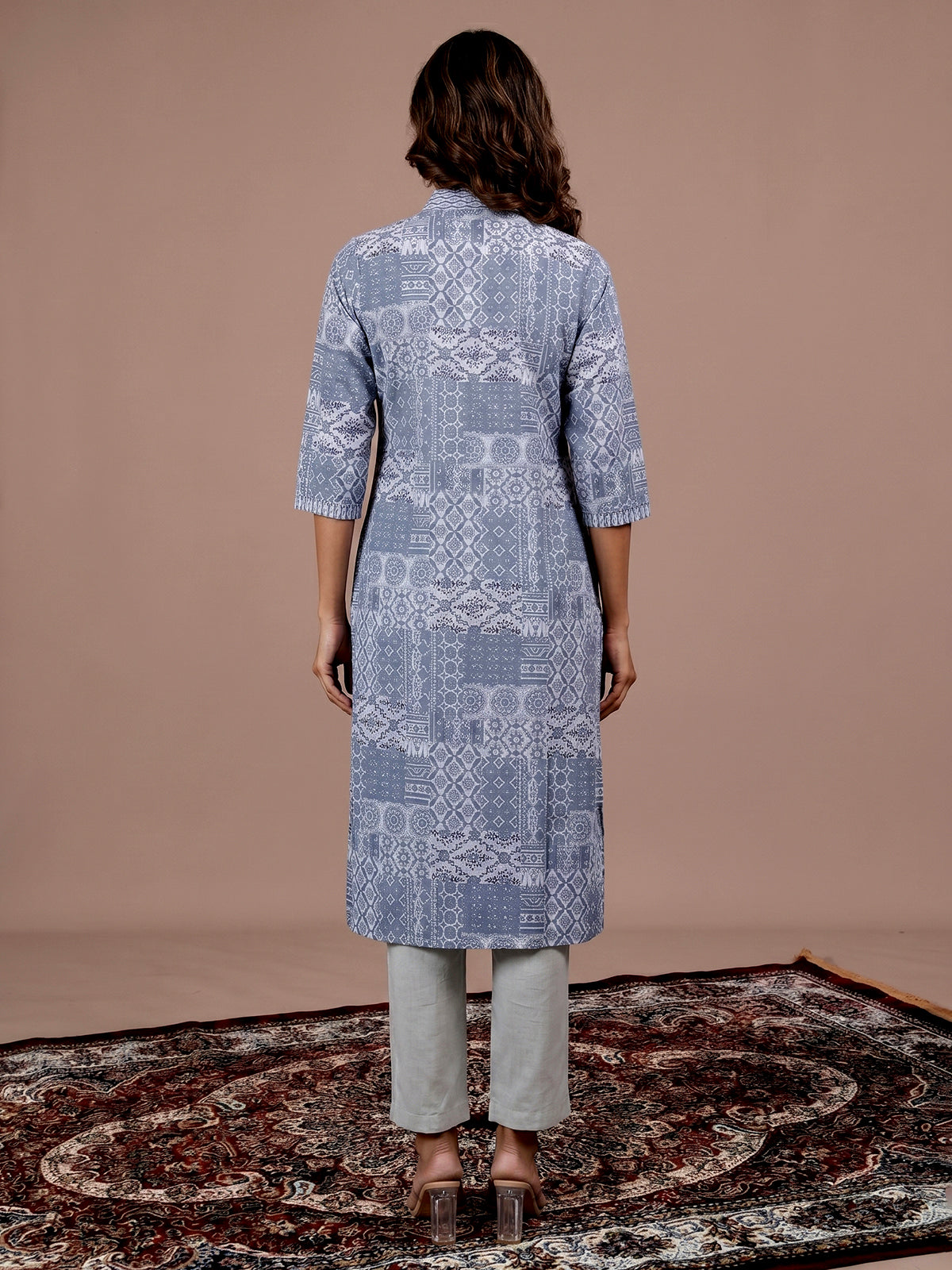 Grey printed cotton blend casual ethnic kurti design