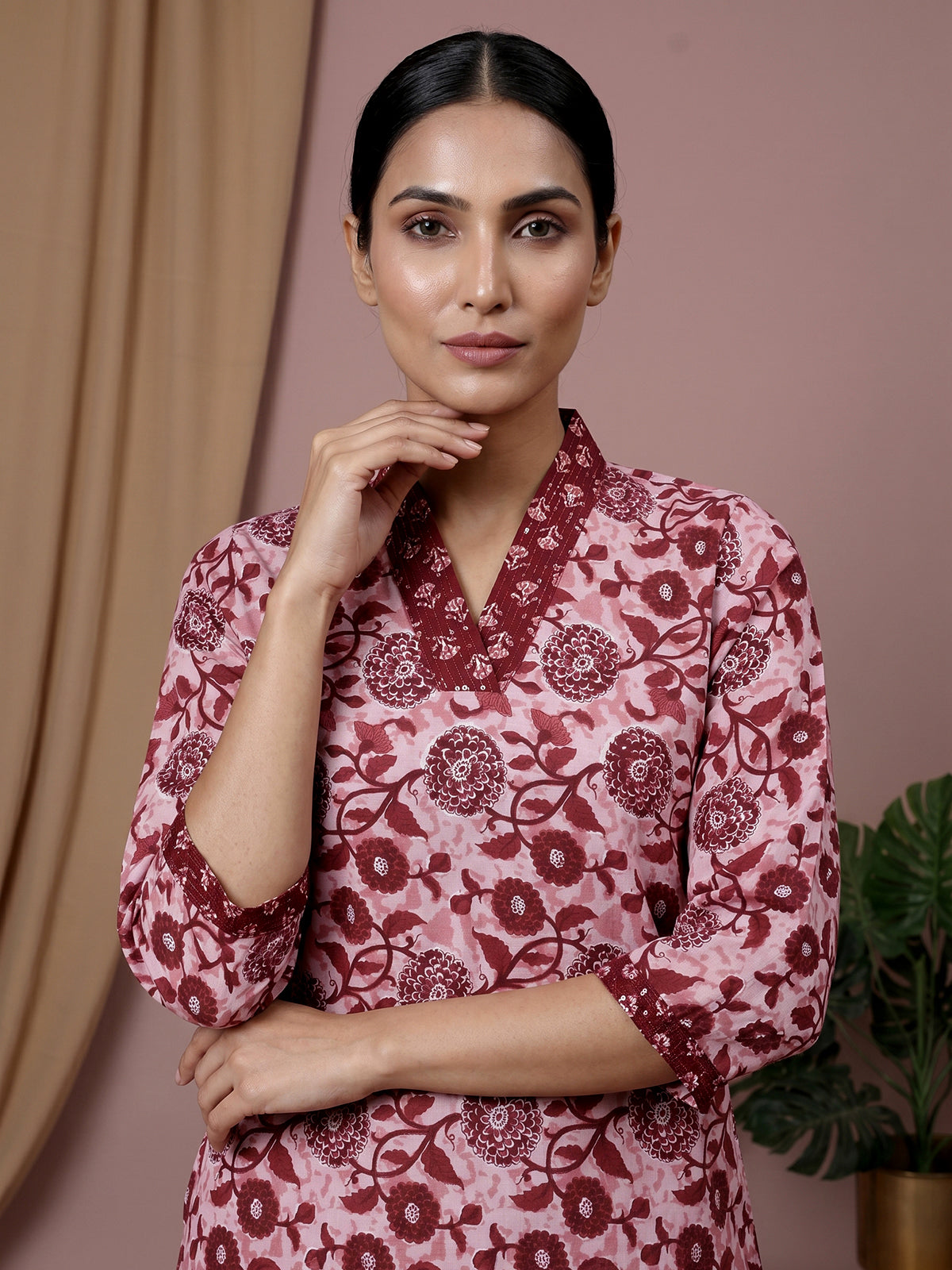 Pink floral printed cotton blend everyday wear kurti
