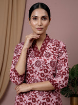 Pink floral printed cotton blend everyday wear kurti