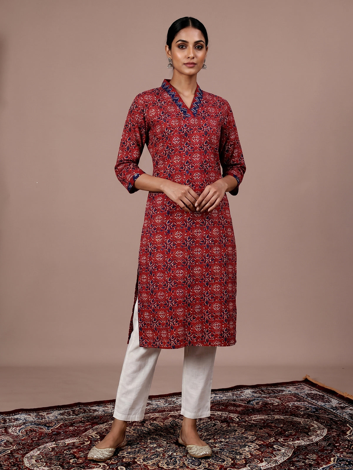 Maroon printed cotton blend casual kurti for women