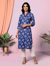 Navy blue floral printed cotton blend ethnic kurti