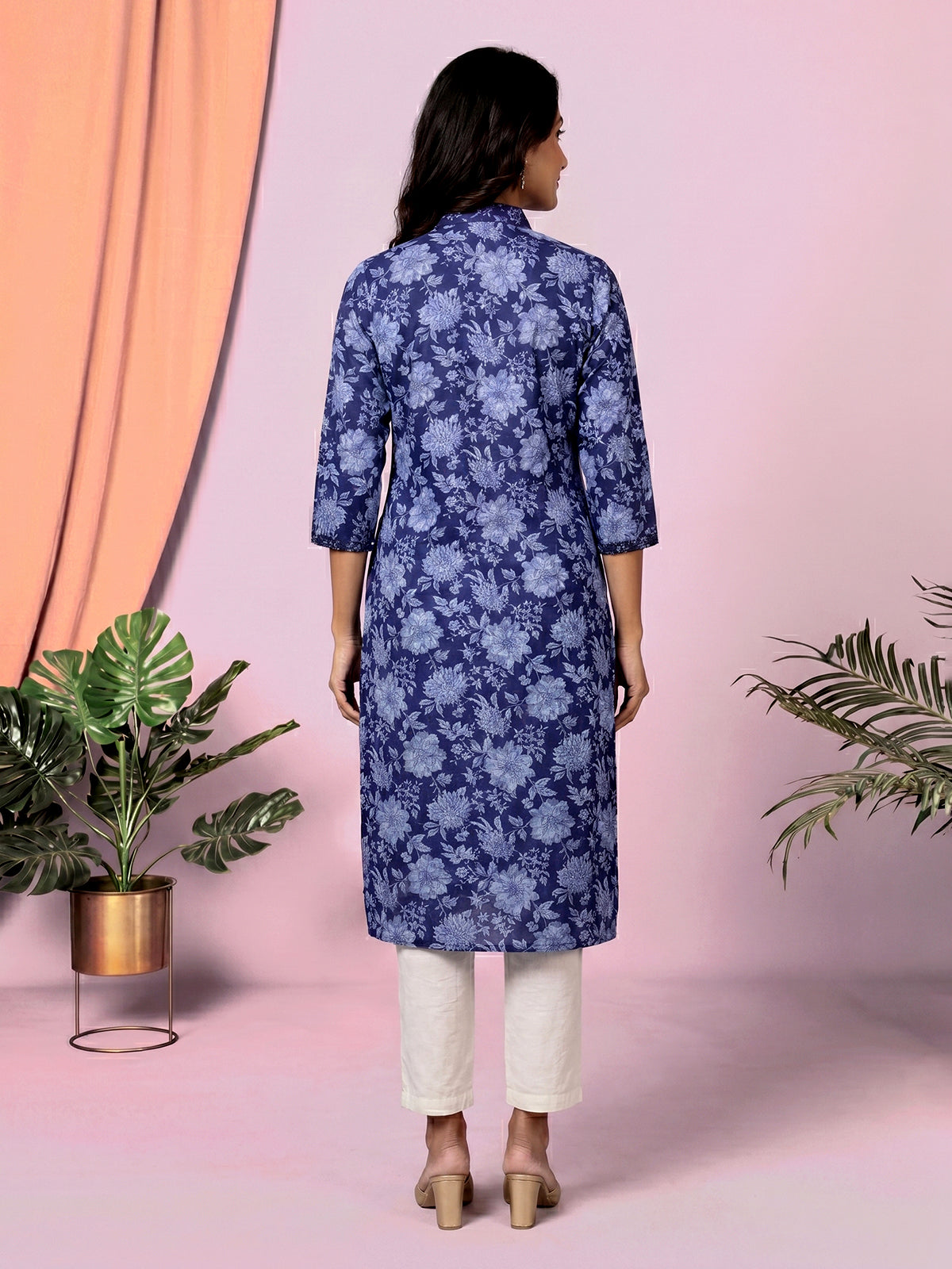 Navy blue floral printed cotton blend ethnic kurti