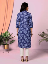 Navy blue floral printed cotton blend ethnic kurti