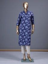 Navy blue floral printed cotton blend ethnic kurti