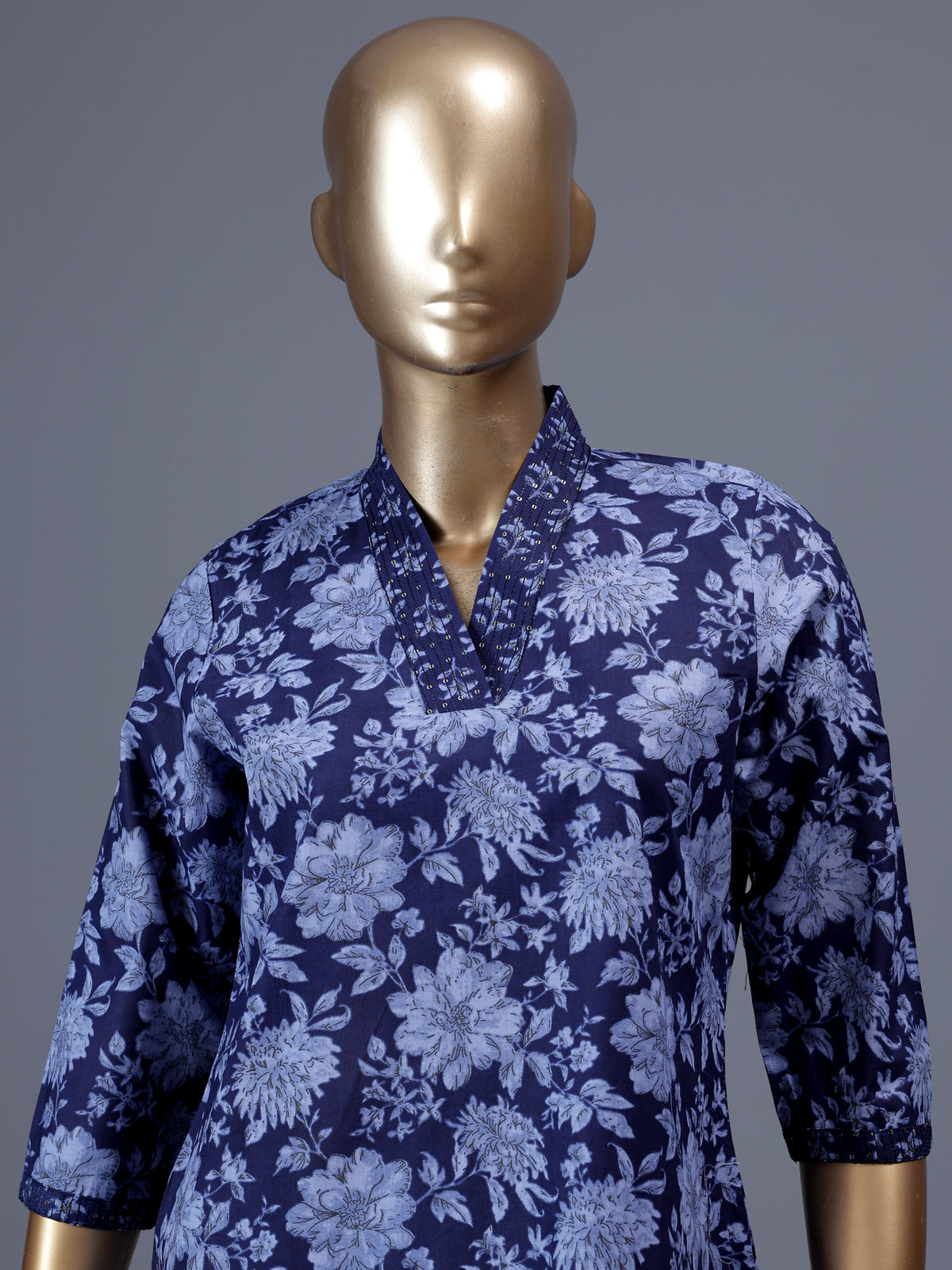 Navy blue floral printed cotton blend ethnic kurti