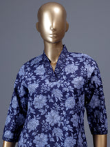 Navy blue floral printed cotton blend ethnic kurti