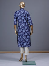 Navy blue floral printed cotton blend ethnic kurti