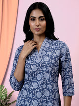 Stone grey floral printed cotton blend casual wear kurti