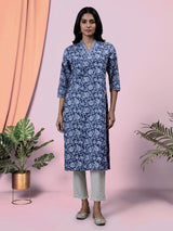 Stone grey floral printed cotton blend casual wear kurti