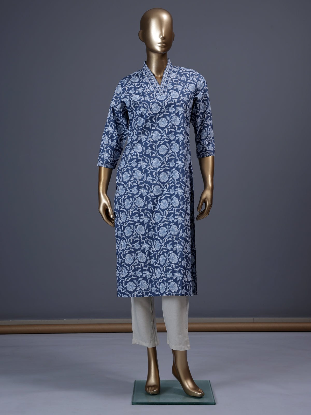 Stone grey floral printed cotton blend casual wear kurti