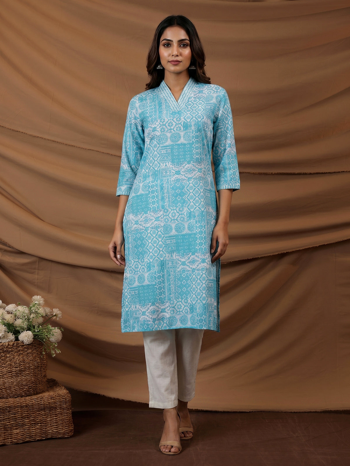 Aqua blue floral printed cotton blend designer kurti