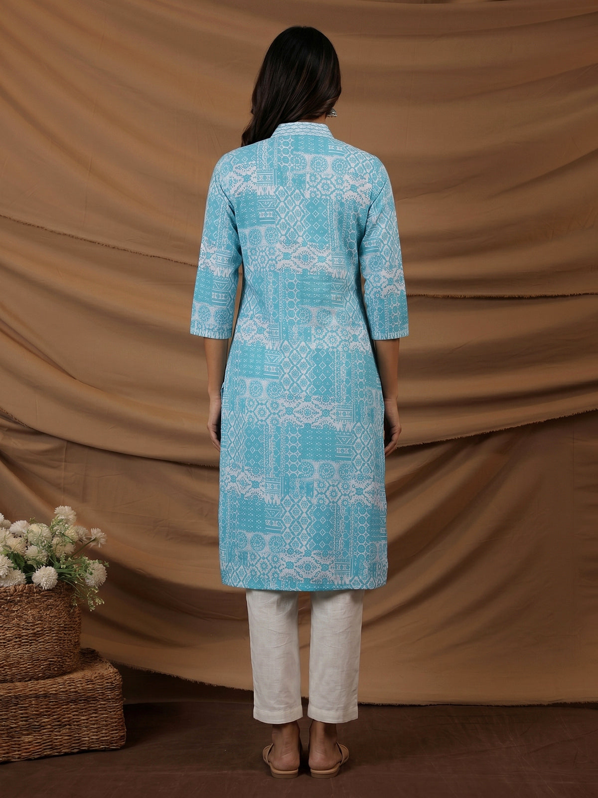 Aqua blue floral printed cotton blend designer kurti