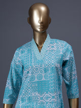 Aqua blue floral printed cotton blend designer kurti