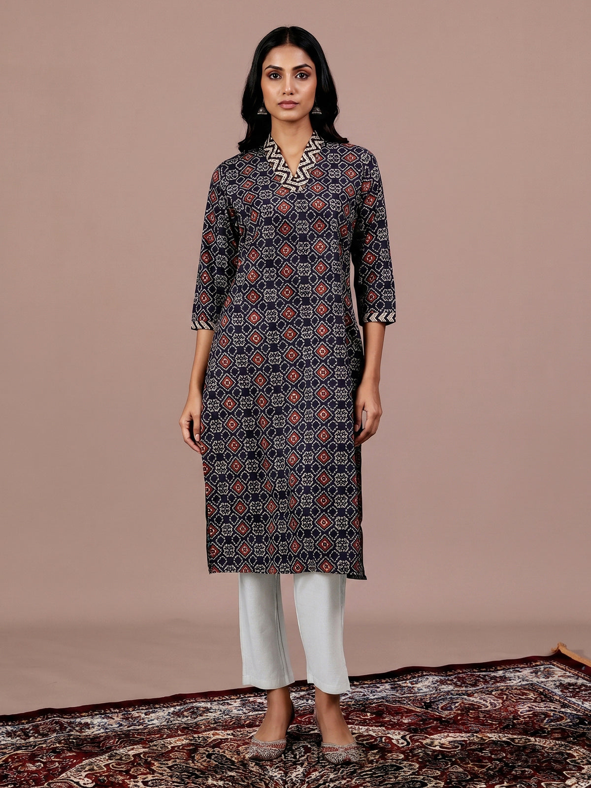 Black printed silk casual kurti with elegant V neck