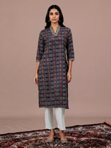 Black printed silk casual kurti with elegant V neck