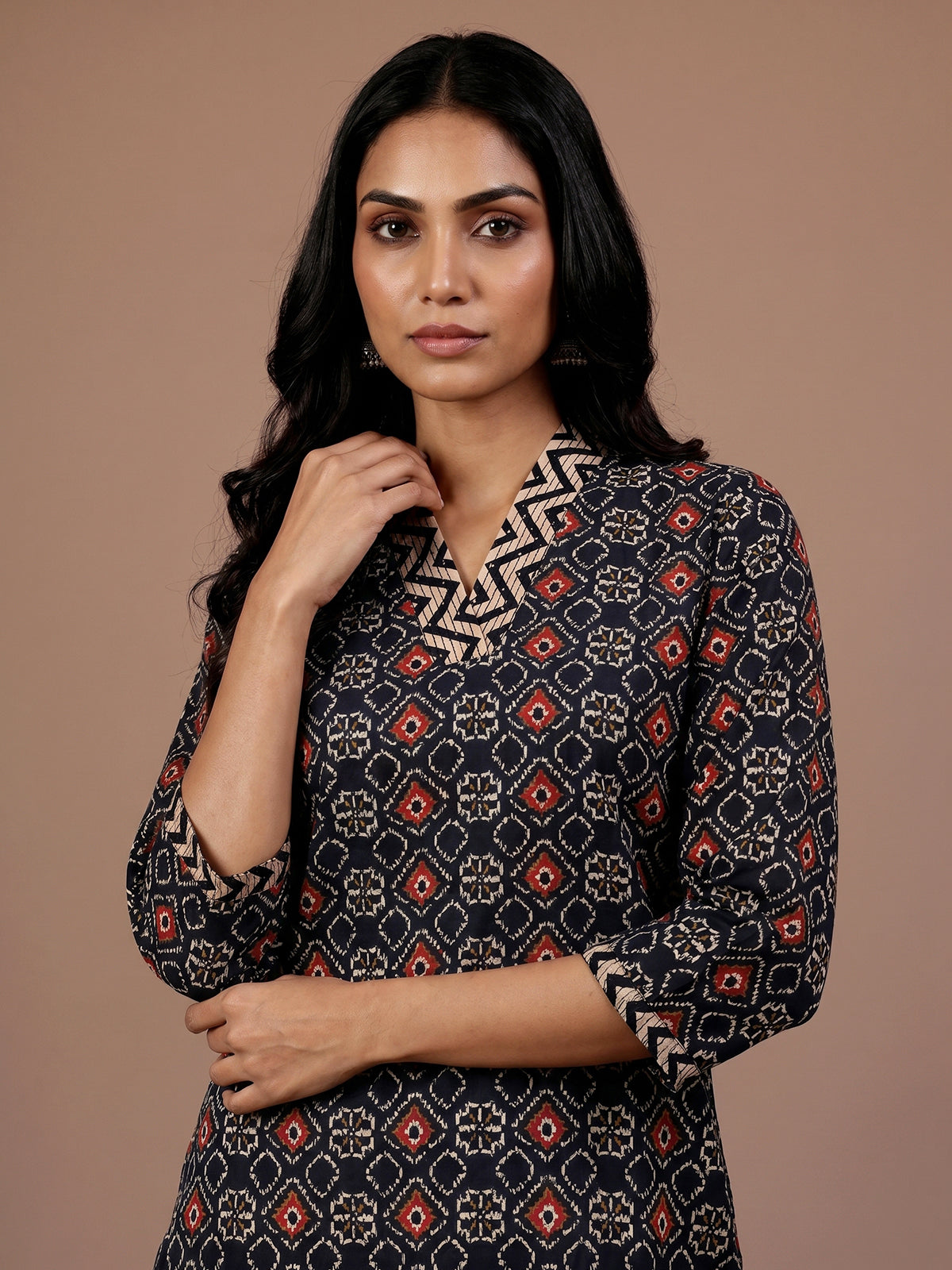 Black printed silk casual kurti with elegant V neck