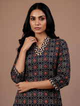 Black printed silk casual kurti with elegant V neck