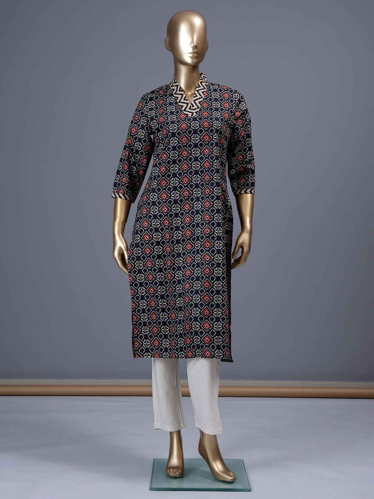 Black printed silk casual kurti with elegant V neck