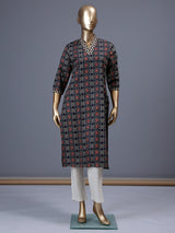 Black printed silk casual kurti with elegant V neck