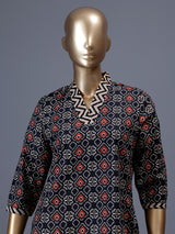 Black printed silk casual kurti with elegant V neck