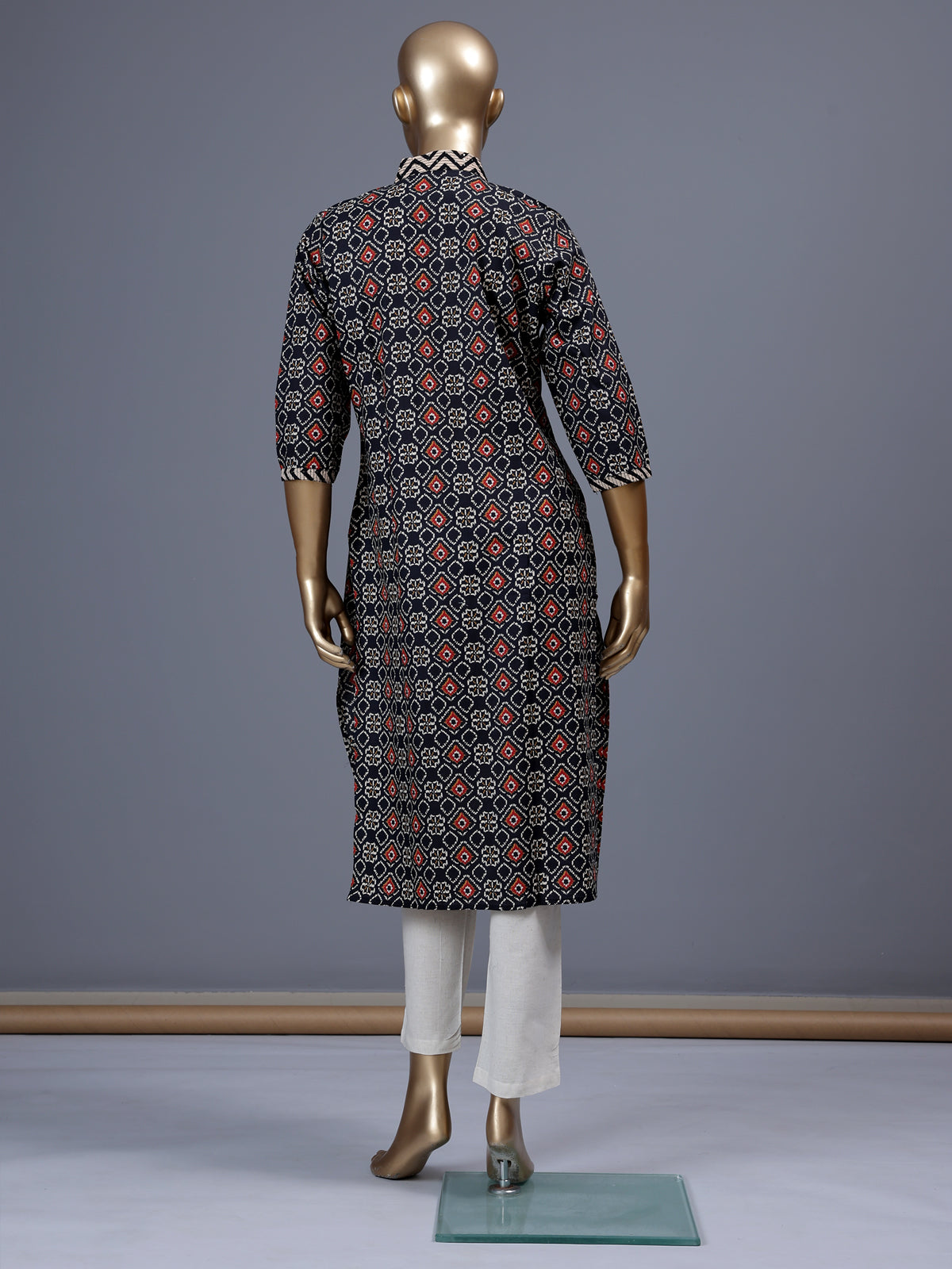 Black printed silk casual kurti with elegant V neck