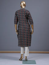 Black printed silk casual kurti with elegant V neck