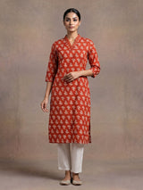 Orange floral printed cotton blend stylish casual kurti