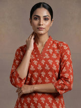 Orange floral printed cotton blend stylish casual kurti