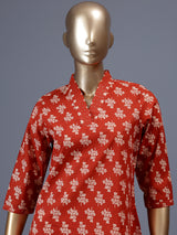 Orange floral printed cotton blend stylish casual kurti
