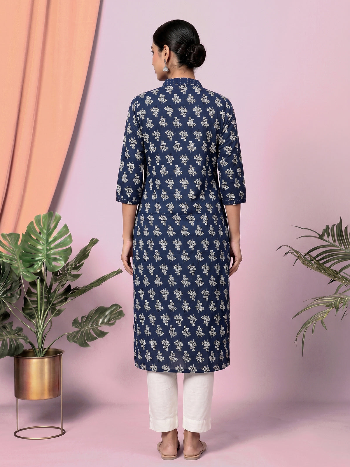 Dark blue floral printed cotton blend casual kurti