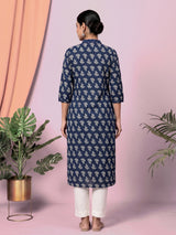 Dark blue floral printed cotton blend casual kurti