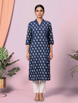 Dark blue floral printed cotton blend casual kurti
