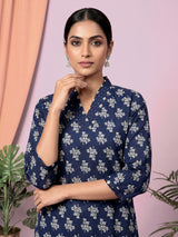 Dark blue floral printed cotton blend casual kurti