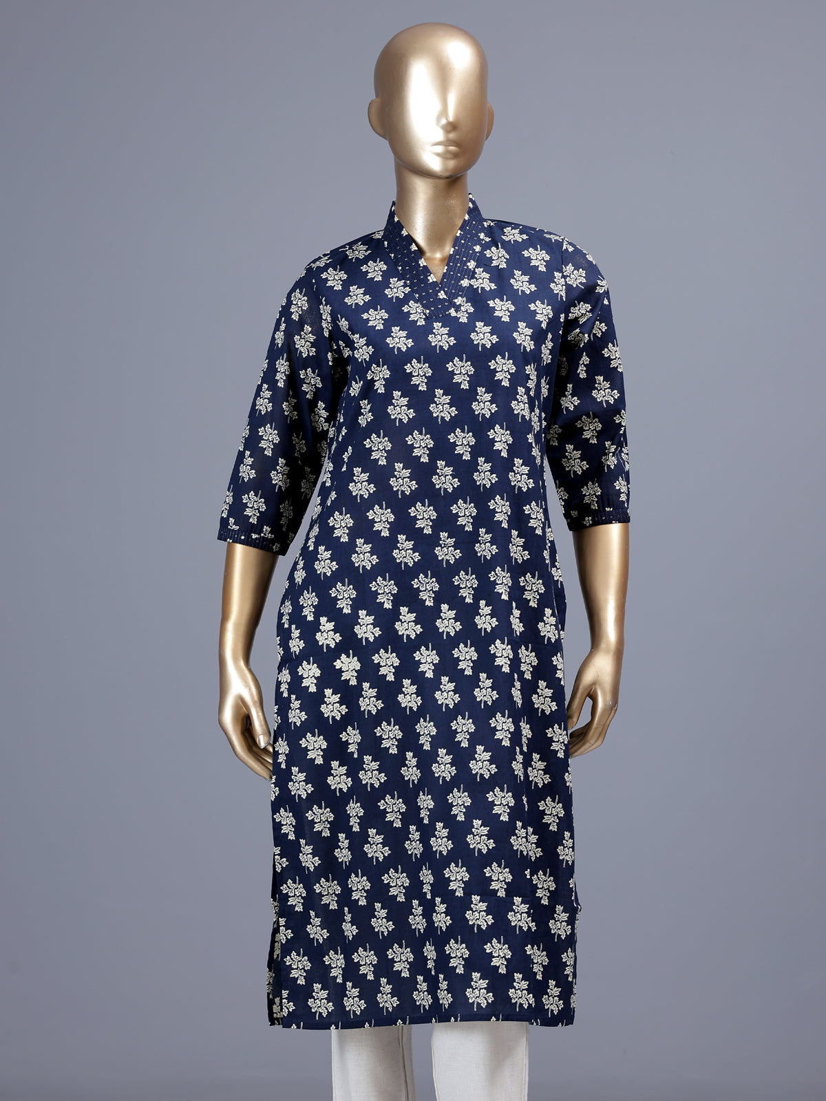 Dark blue floral printed cotton blend casual kurti