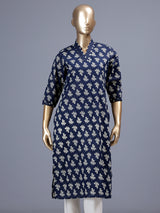 Dark blue floral printed cotton blend casual kurti