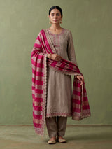 Beige cotton silk embroidered salwar suit with contrast dupatta