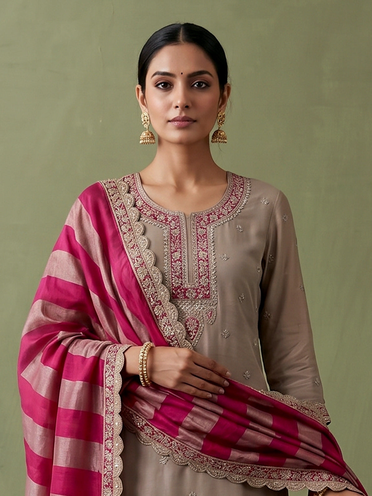 Beige cotton silk embroidered salwar suit with contrast dupatta