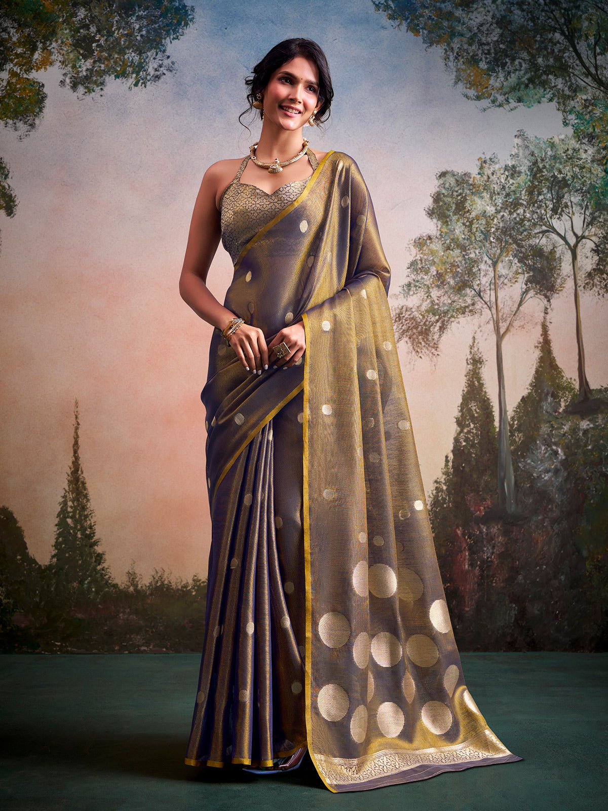 Timeless grey zari work tissue silk saree
